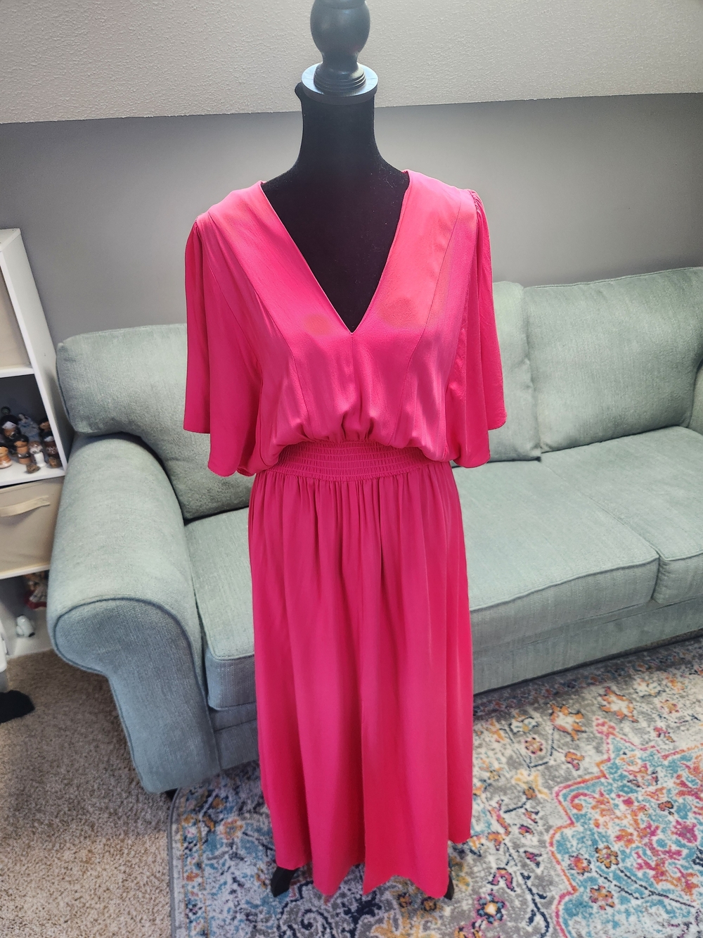 Venus Women's Hot Pink V-Neck Smocked Waist Maxi Dress Size 12 Good Condition